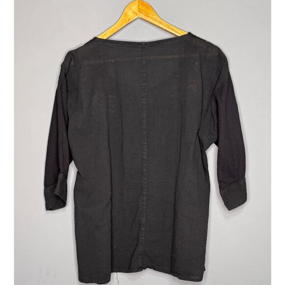Traditional Mexican Embroidered Black Tunic Button Down 1/4 Sleeve Bohochic - Picture 4 of 4